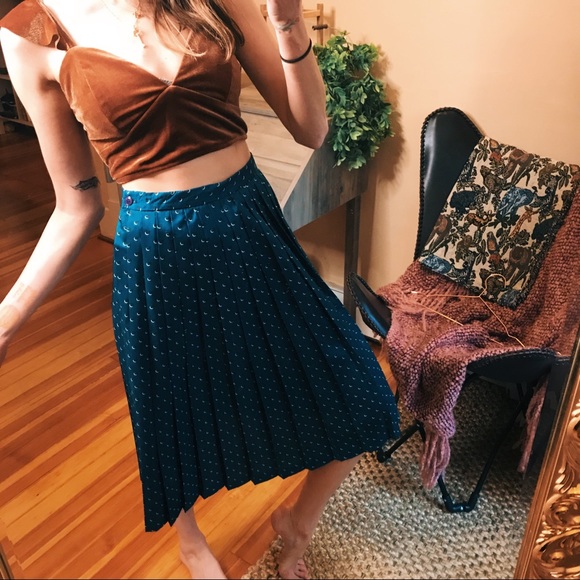 Vintage 100% silk pleated rich teal midi skirt - Picture 1 of 8